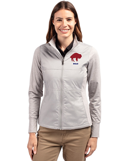 Buffalo Bills Historic Cutter & Buck Stealth Hybrid Quilted Womens Full Zip Windbreaker Jacket Polished Medium Gray Front