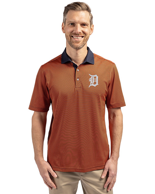 Detroit Tigers Cutter & Buck Virtue Recycled Micro Stripe Featherlight Pique Mens Polo College Orange/Navy Blue Front