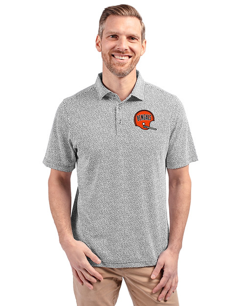 Cincinnati Bengals Historic Cutter & Buck Virtue Eco Pique Botanical Print Recycled Mens Polo Black Front