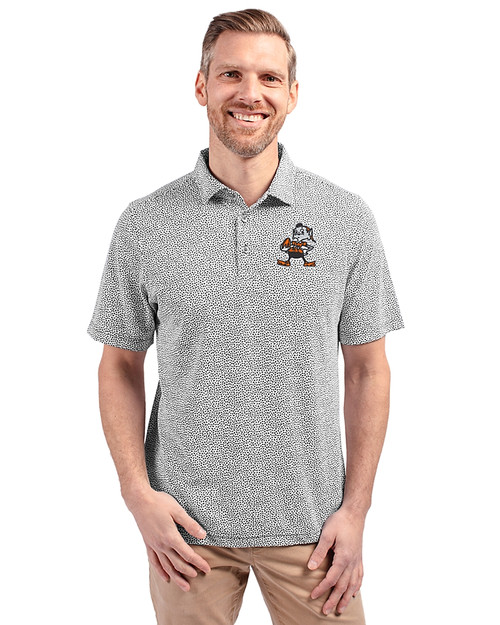 Cleveland Browns Historic Cutter & Buck Virtue Recycled Botanical Print Featherlight Pique Mens  Polo Black Front