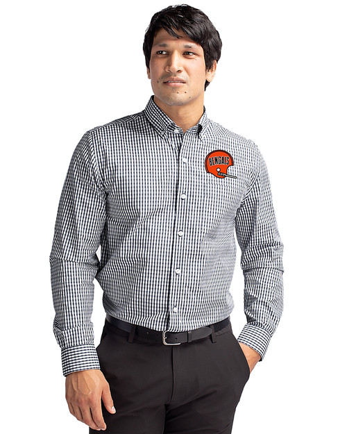 Cincinnati Bengals Historic Cutter & Buck Easy Care Stretch Gingham Mens Big and Tall Long Sleeve Dress Shirt Charcoal Front