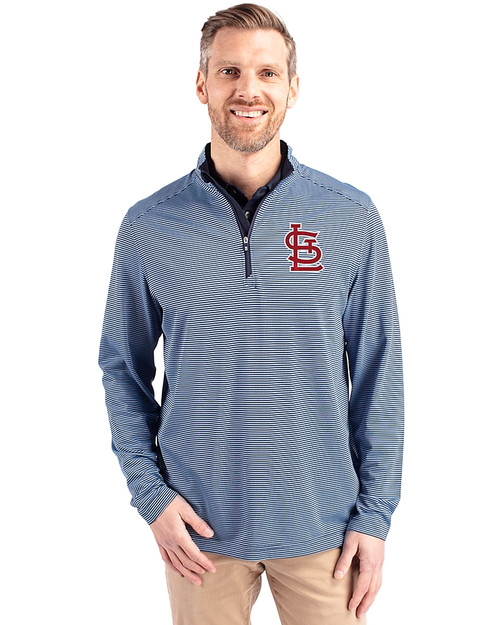 St. Louis Cardinals- Cutter & Buck Virtue Eco Pique Micro Stripe Recycled Mens Big & Tall Quarter Zip Atlas/Navy Blue Front