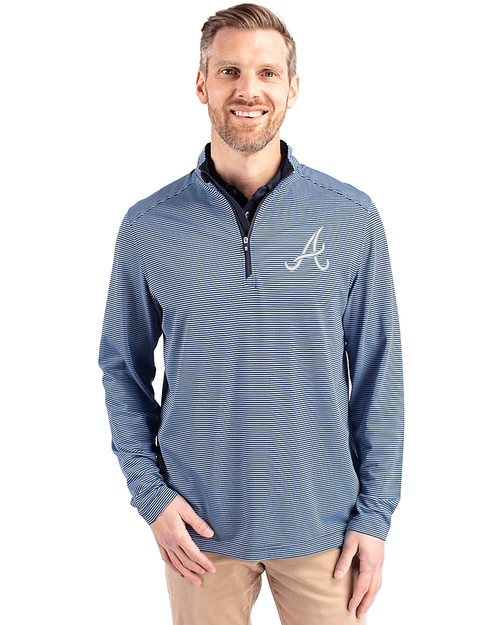 Atlanta Braves Cutter & Buck Virtue Eco Pique Micro Stripe Recycled Mens Quarter Zip Atlas/Navy Blue Front