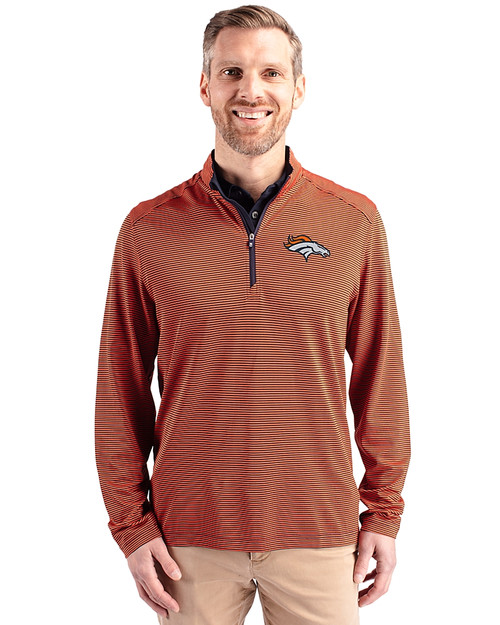 Denver Broncos Cutter & Buck Virtue Eco Pique Micro Stripe Recycled Mens Quarter Zip College Orange/Navy Blue Front