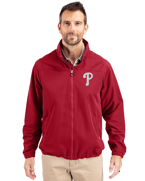 Philadelphia Phillies Cutter & Buck Charter Eco Recycled Mens Full-Zip Jacket Cardinal Red Front