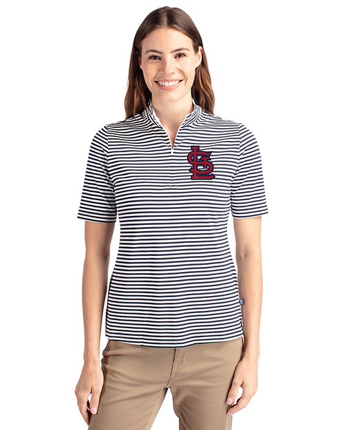 St. Louis Cardinals- Cutter & Buck Virtue Eco Pique Stripe Recycled Womens Top Navy Blue Front