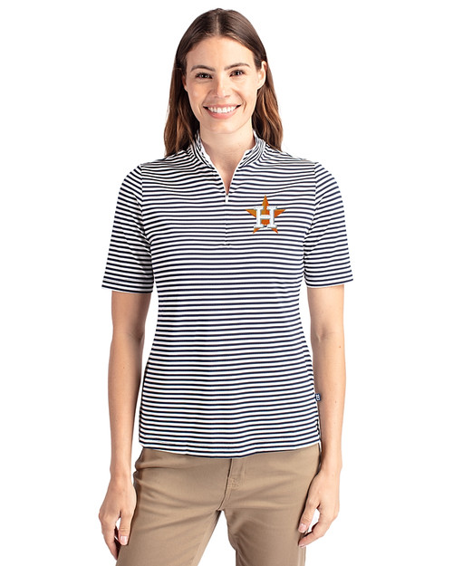 Houston Astros Cutter & Buck Virtue Eco Pique Stripe Recycled Womens Top Navy Blue Front