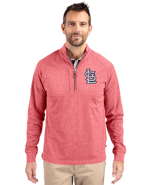 St. Louis Cardinals- Cutter & Buck Adapt Eco Knit Heather Mens Quarter Zip Pullover Cardinal Red Heather Front