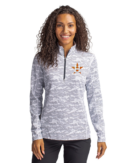 Houston Astros Cutter & Buck Traverse Stretch Eco Camo Print Quarter Zip Womens Pullover Charcoal Front