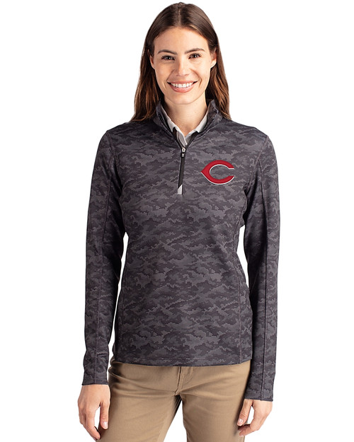 Cincinnati Reds Cutter & Buck Traverse Stretch Eco Camo Print Quarter Zip Womens Pullover Black Front