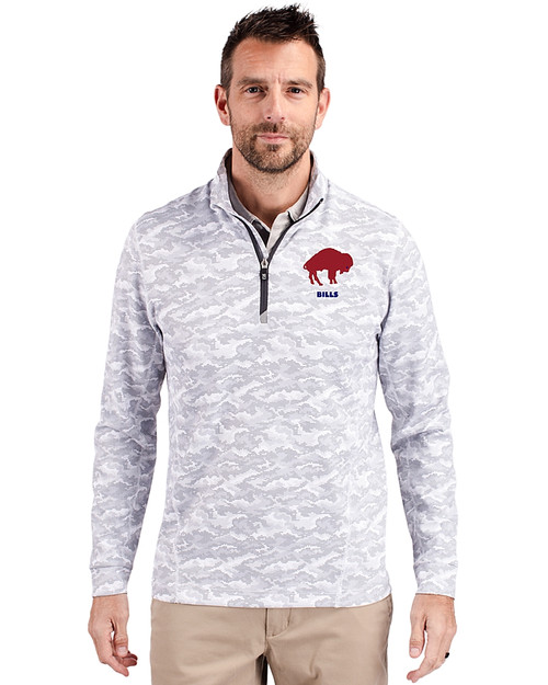 Buffalo Bills Historic Cutter & Buck Traverse Stretch Eco Camo Print Quarter Zip Mens Pullover Charcoal Front