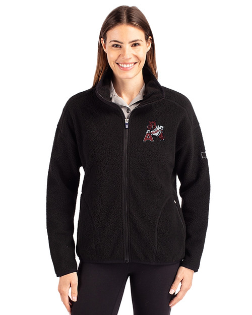 Arkansas Razorbacks College Vault Cutter & Buck Cascade Epic Comfort Recycled Sherpa Fleece Womens Full Zip Jacket Black Front