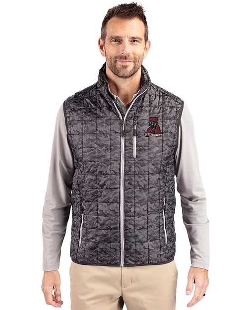 Alabama Crimson Tide College Vault Cutter & Buck Rainier PrimaLoft® Mens Eco Insulated Full Zip Printed Puffer Vest Black Front
