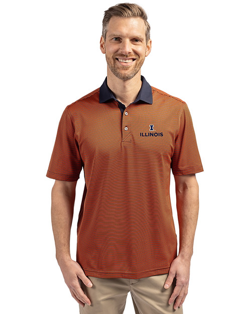 Illinois Fighting Illini Cutter & Buck Virtue Eco Pique Micro Stripe Recycled Mens Polo College Orange/Navy Blue Front