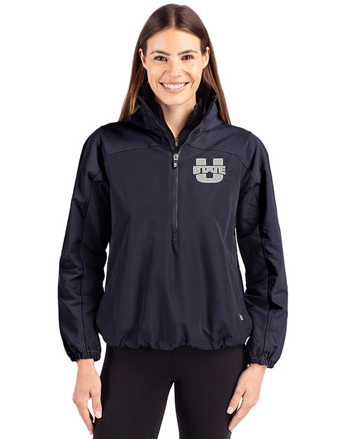 Utah State Aggies Cutter & Buck Charter Eco Recycled Womens Anorak Jacket Navy Blue Front