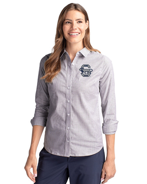 Penn State Nittany Lions College Vault Cutter & Buck Stretch Oxford Stripe Womens Long Sleeve Dress Shirt Charcoal Front