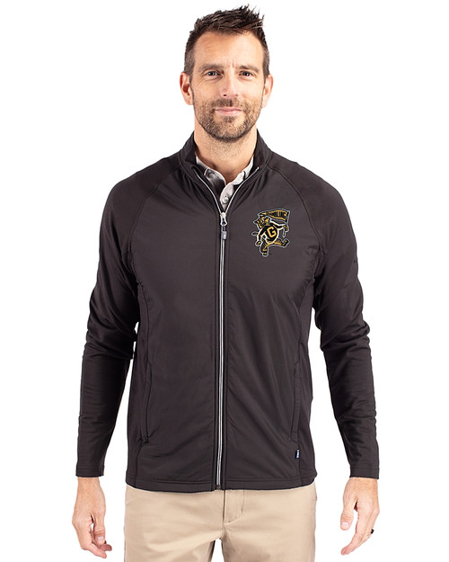 Grambling Tigers College Vault Cutter & Buck Adapt Eco Knit Hybrid Recycled Mens Full Zip Jacket Black Front