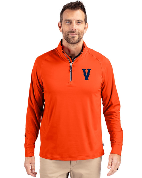 Virginia Hoos College Vault Cutter & Buck Adapt Eco Knit Stretch Recycled Mens Quarter Zip Pullover College Orange Front