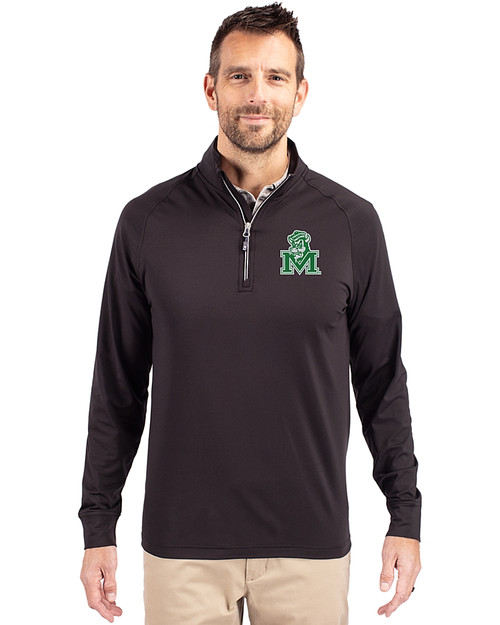 Marshall Thundering Herd College Vault Cutter & Buck Adapt Eco Knit Stretch Recycled Mens Quarter Zip Pullover Black Front