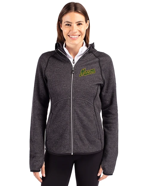 George Mason Patriots College Vault Cutter & Buck Mainsail Sweater-Knit Womens Full Zip Hooded Jacket Charcoal Heather Front