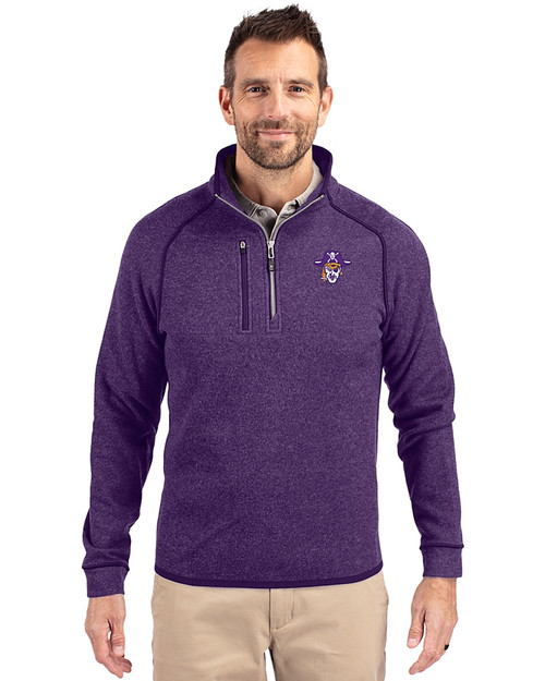 East Carolina (ECU) Pirates College Vault Cutter & Buck Mainsail Sweater-Knit Mens Half Zip Pullover Jacket College Purple Heather Front