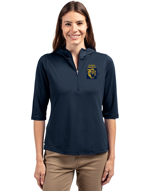 FIU Panthers College Vault Cutter & Buck Virtue Eco Pique Recycled Half Zip Pullover Womens Hoodie Navy Blue Front