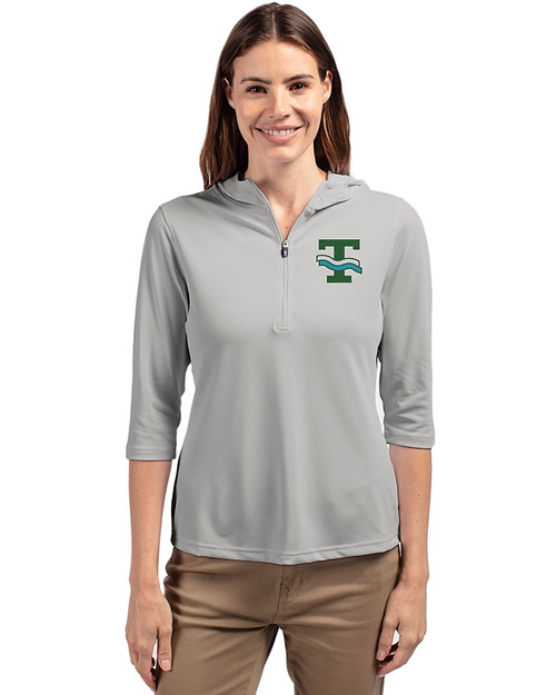 Tulane Green Wave College Vault Cutter & Buck Virtue Eco Pique Recycled Half Zip Pullover Womens Hoodie Polished Medium Gray Front