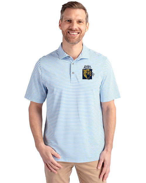 FIU Panthers College Vault Cutter & Buck Virtue Eco Pique Stripe Recycled Mens Polo Atlas Light Blue Front