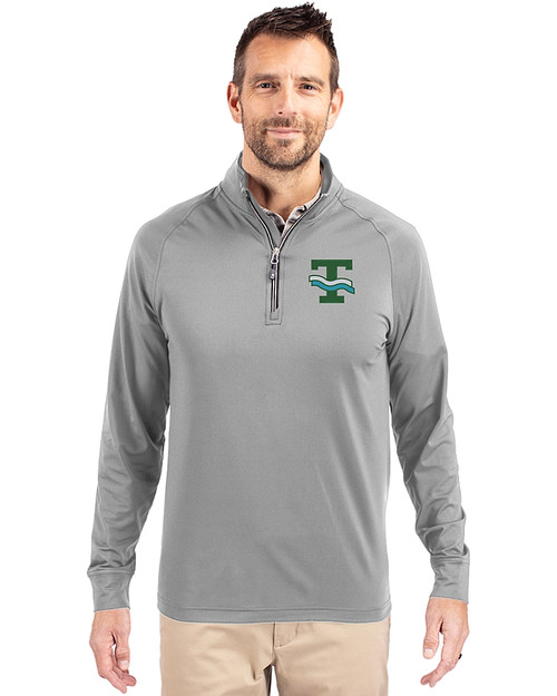 Tulane Green Wave College Vault Cutter & Buck Adapt Eco Knit Stretch Recycled Mens Big and Tall Quarter Zip Pullover Polished Medium Gray Front