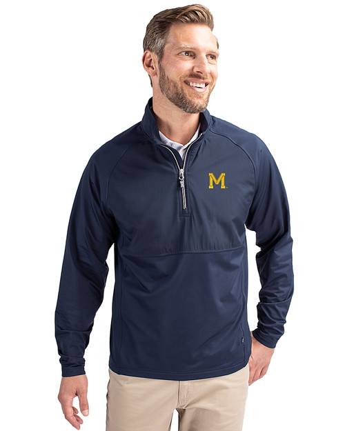 Michigan Wolverines College Vault Cutter & Buck Adapt Eco Knit Hybrid Recycled Mens Quarter Zip Navy Blue Front
