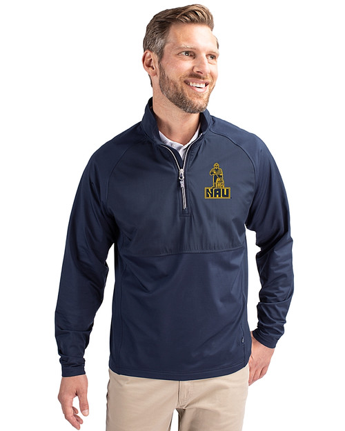 Northern Arizona Lumberjacks College Vault Cutter & Buck Adapt Eco Knit Hybrid Recycled Mens Quarter Zip Navy Blue Front