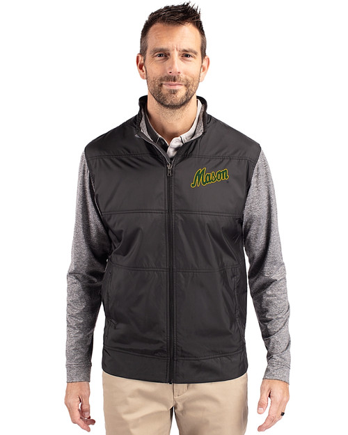 George Mason Patriots College Vault Cutter & Buck Stealth Hybrid Quilted Mens Big and Tall Full Zip Windbreaker Jacket Black Front