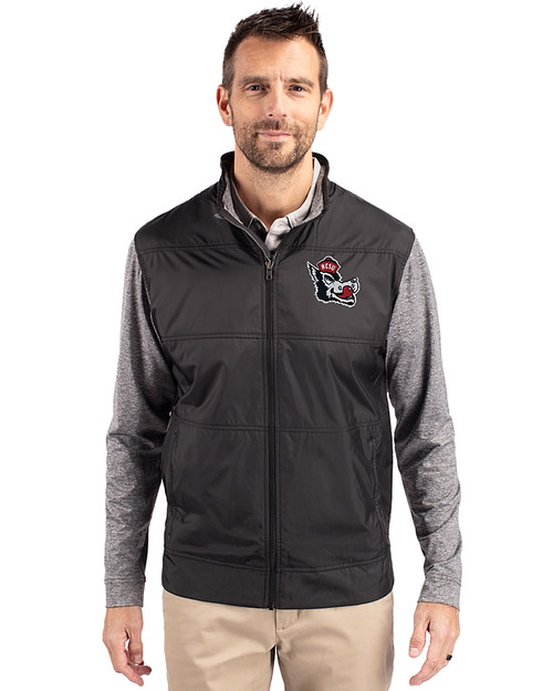 NC State Wolfpack College Vault Cutter & Buck Stealth Hybrid Quilted Mens Big and Tall Full Zip Windbreaker Jacket Black Front