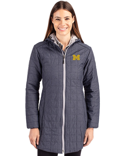 Michigan Wolverines Cutter & Buck Rainier PrimaLoft®  Womens Eco Insulated Hooded Long Coat Anthracite Melange Front