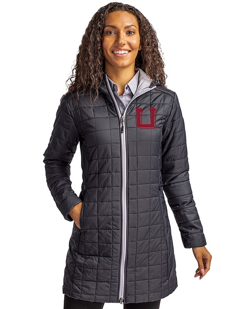 Utah Utes College Vault Cutter & Buck Rainier PrimaLoft®  Womens Eco Insulated Hooded Long Coat Black Front