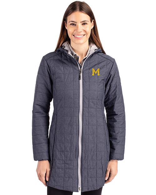 Michigan Wolverines College Vault Cutter & Buck Rainier PrimaLoft®  Womens Eco Insulated Hooded Long Coat Anthracite Melange Front