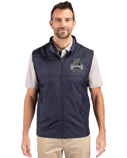 Utah State Aggies College Vault Cutter & Buck Stealth Hybrid Quilted Mens Big and Tall Windbreaker Vest Liberty Navy Front