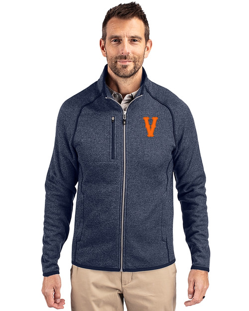 Virginia Hoos College Vault Cutter & Buck Mainsail Sweater-Knit Mens Full Zip Jacket Liberty Navy Heather Front