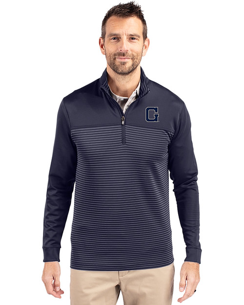 Georgetown Hoyas College Vault Cutter & Buck Traverse Recycled Smooth Stretch Mens Big & Tall Stripe Quarter Zip Pullover Liberty Navy Front