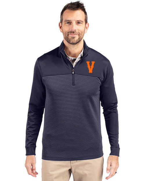 Virginia Hoos College Vault Cutter & Buck Traverse Stretch Eco Stripe Quarter Zip Mens Big and Tall Pullover Liberty Navy Front