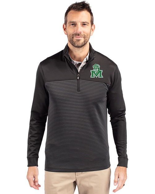 Marshall Thundering Herd College Vault Cutter & Buck Traverse Stretch Eco Stripe Quarter Zip Mens Big and Tall Pullover Black Front
