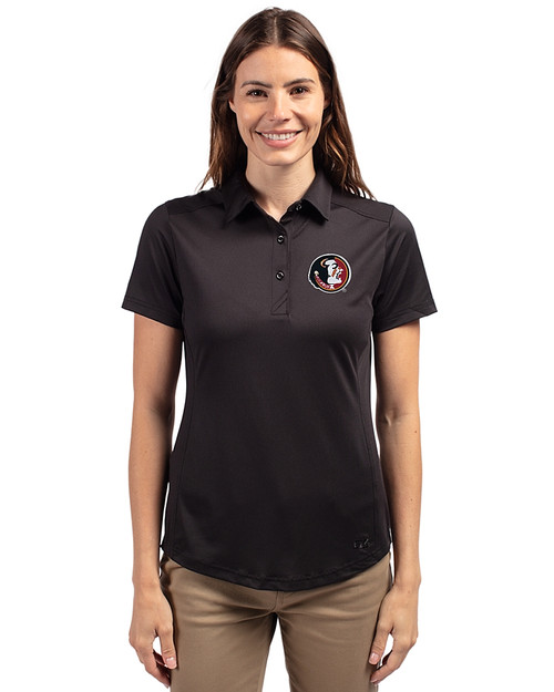 Florida State Seminoles College Vault Cutter & Buck Prospect Eco Textured Stretch Recycled Womens Short Sleeve Polo Black Front