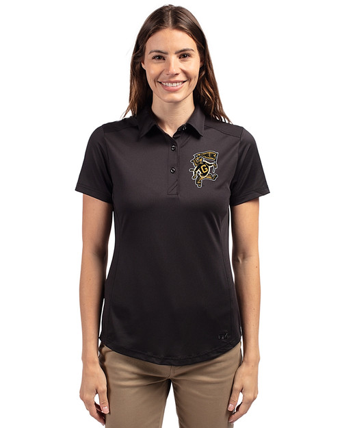 Grambling Tigers College Vault Cutter & Buck Prospect Eco Textured Stretch Recycled Womens Short Sleeve Polo Black Front