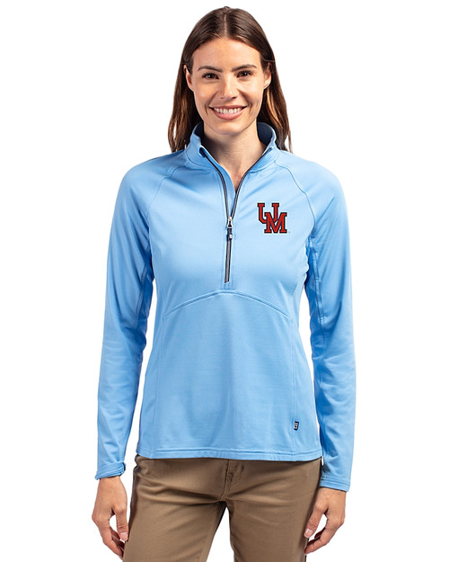 Ole Miss Rebels College Vault Cutter & Buck Adapt Eco Knit Stretch Recycled Womens Half Zip Pullover Atlas Light Blue Front