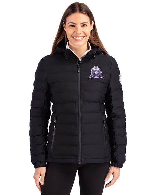 Northwestern Wildcats College Vault Cutter & Buck Mission Ridge Repreve® Eco Insulated Womens Puffer Jacket Black Front