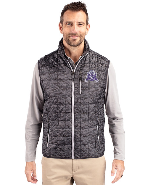 Northwestern Wildcats College Vault Cutter & Buck Rainier PrimaLoft® Mens Eco Insulated Full Zip Printed Puffer Vest Black Front