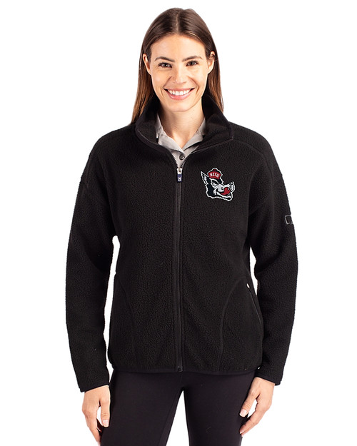 NC State Wolfpack College Vault Cutter & Buck Cascade Eco Fleece Womens Full Zip Jacket Black Front