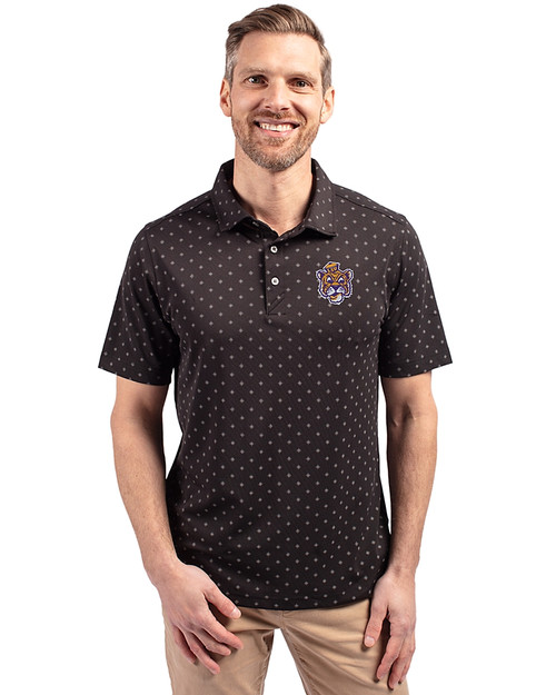 LSU Tigers College Vault Cutter & Buck Virtue Eco Pique Tile Print Recycled Mens Big & Tall Polo Black Front