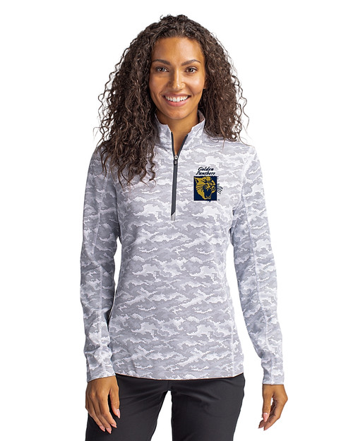 FIU Panthers College Vault Cutter & Buck Traverse Stretch Eco Camo Print Quarter Zip Womens Pullover Charcoal Front