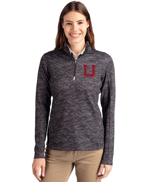 Utah Utes College Vault Cutter & Buck Traverse Stretch Eco Camo Print Quarter Zip Womens Pullover Black Front